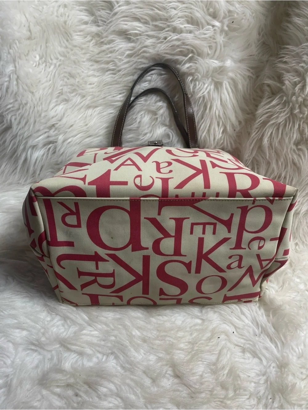 Kate Spade Beige & hot Pink Printed Canvas satchel with leather Brown Handles